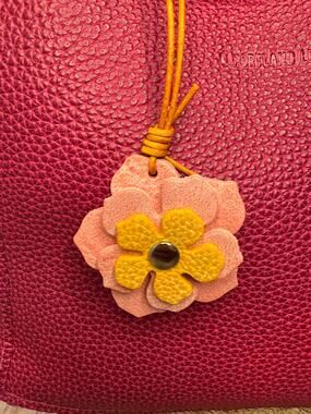 Leather Flower Bag Charm Yellow Pink Pink Flower Purse Charm Genuine Leather